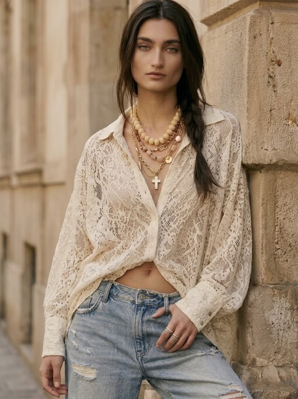 Free People Small In Your Dreams Lace Buttondown Tea Cream Feminine Shirt